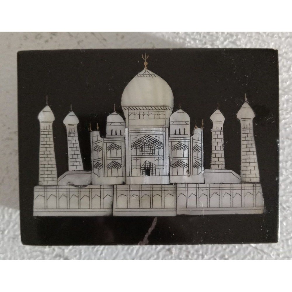 Vintage Mother Of Pearl Inlaid Taj Mahal Jewelry Trinket Box Engraved (#55)